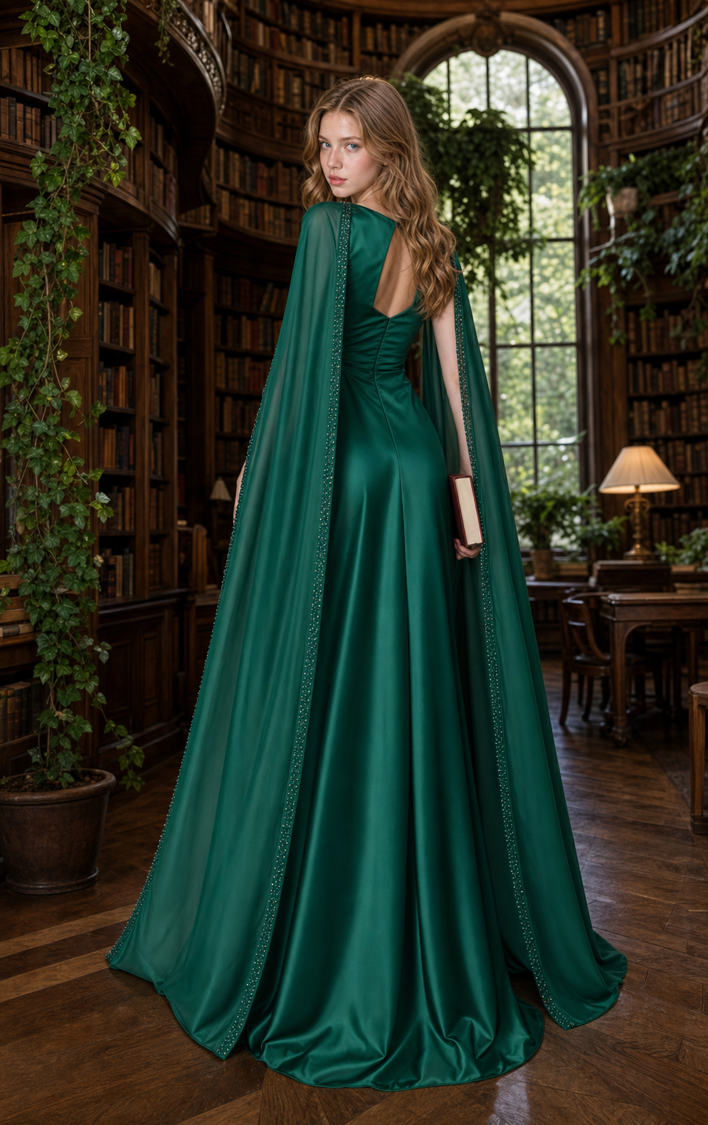 Forest Green Satin Jewel-Neck Cape Gown with Beaded Edge and Keyhole Back