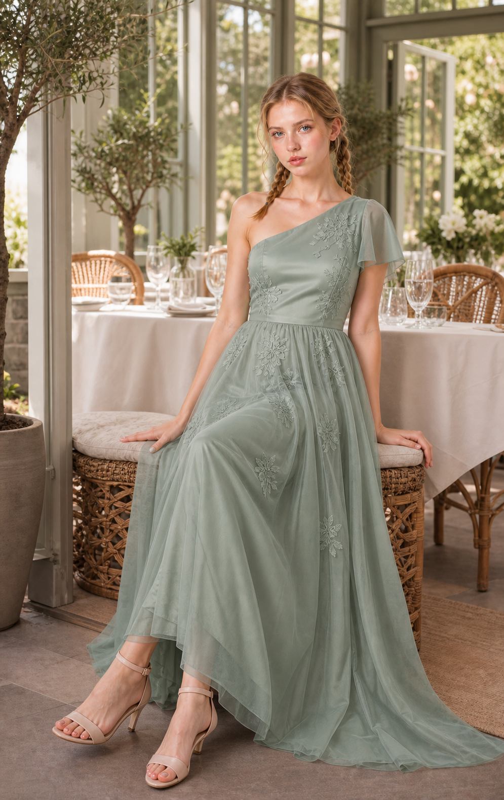 Dusty Sage Chiffon V-Neck Flutter-Sleeve Bridesmaid Dress with Ankle-Length Skirt