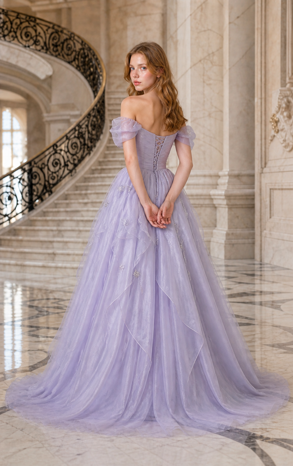Icy Lavender Organza Off-the-Shoulder Ball Gown with Crystal Petal Skirt