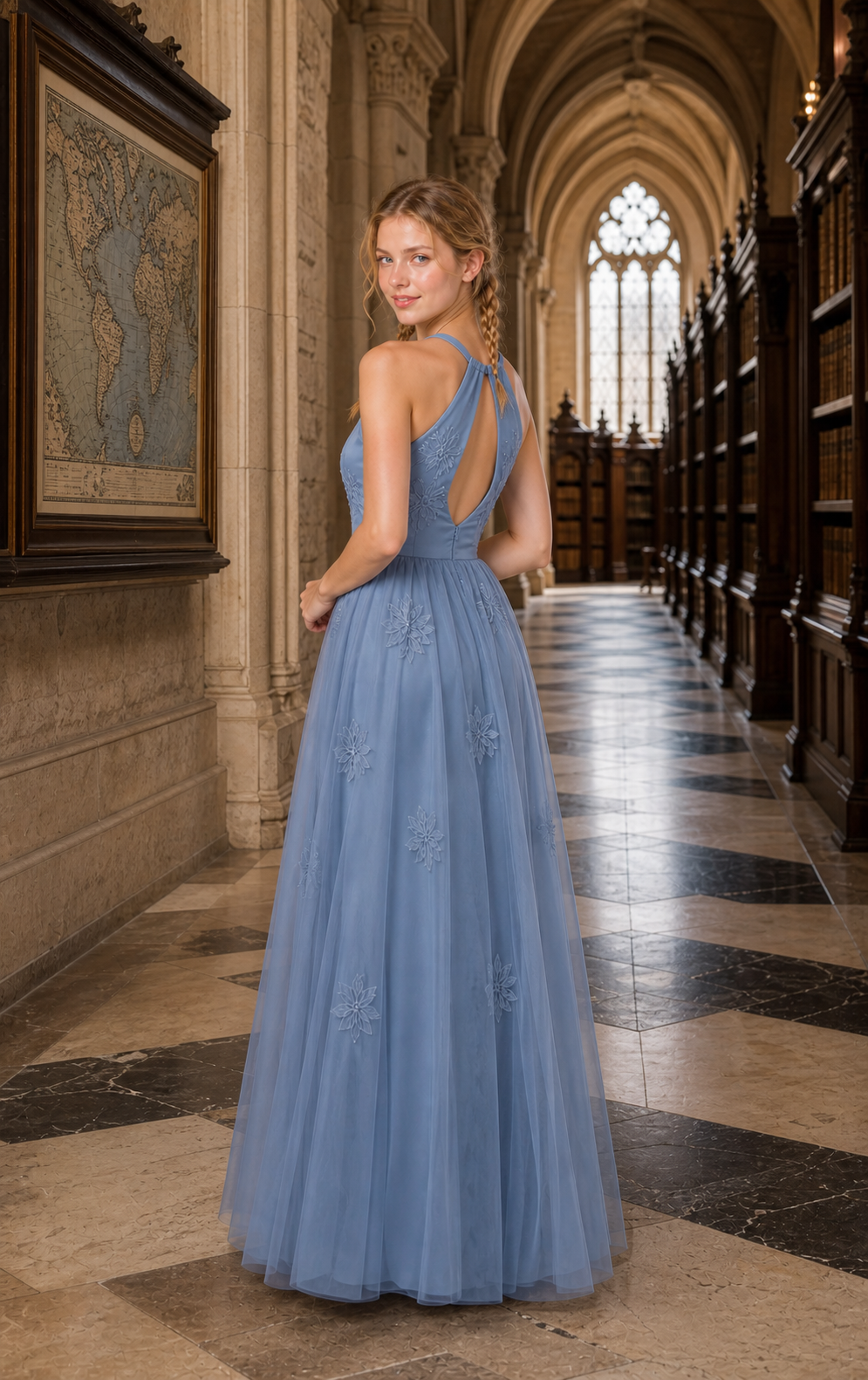 Dusty Blue Chiffon Halter Empire Bridesmaid Dress with Keyhole Back