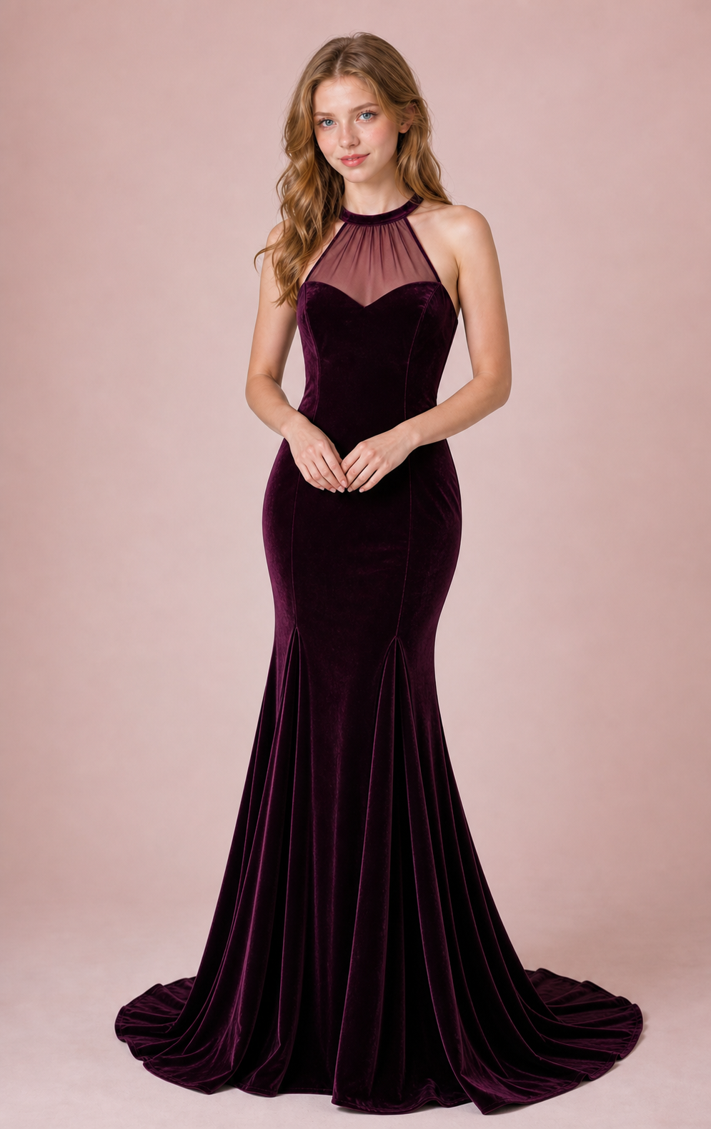 Plum Velvet Illusion-Halter Mermaid Gown with Open Back and Sweep Train