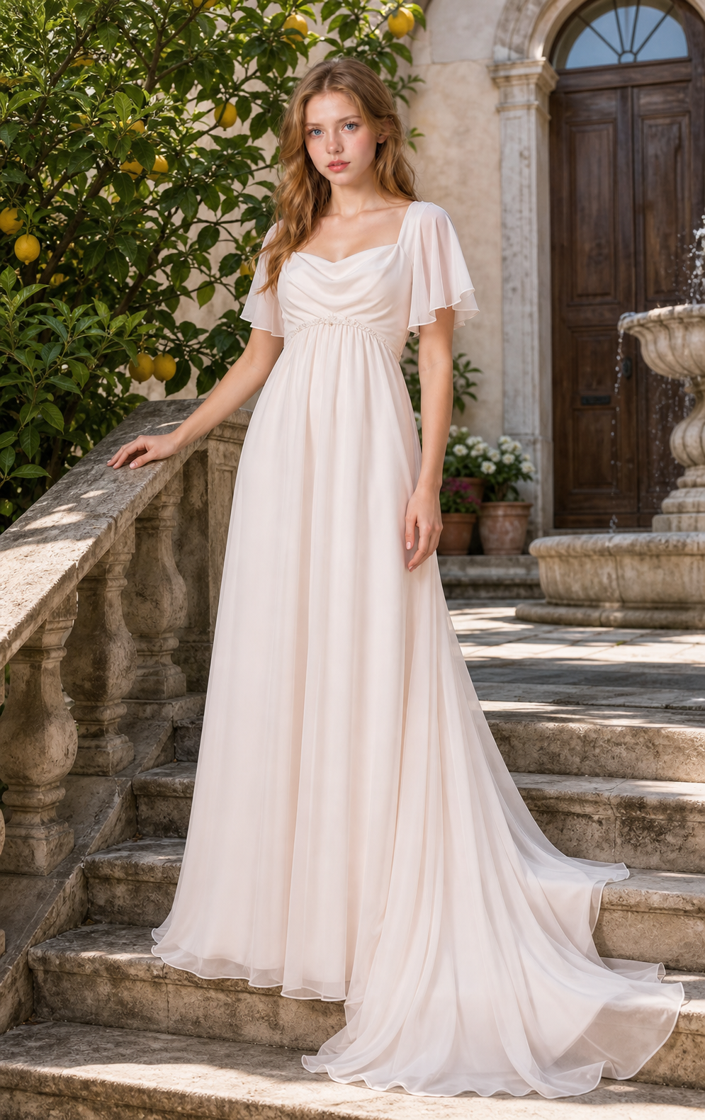 Blush Ivory Silk-Chiffon Cowl-Neck Empire Wedding Dress with Flutter Sleeves