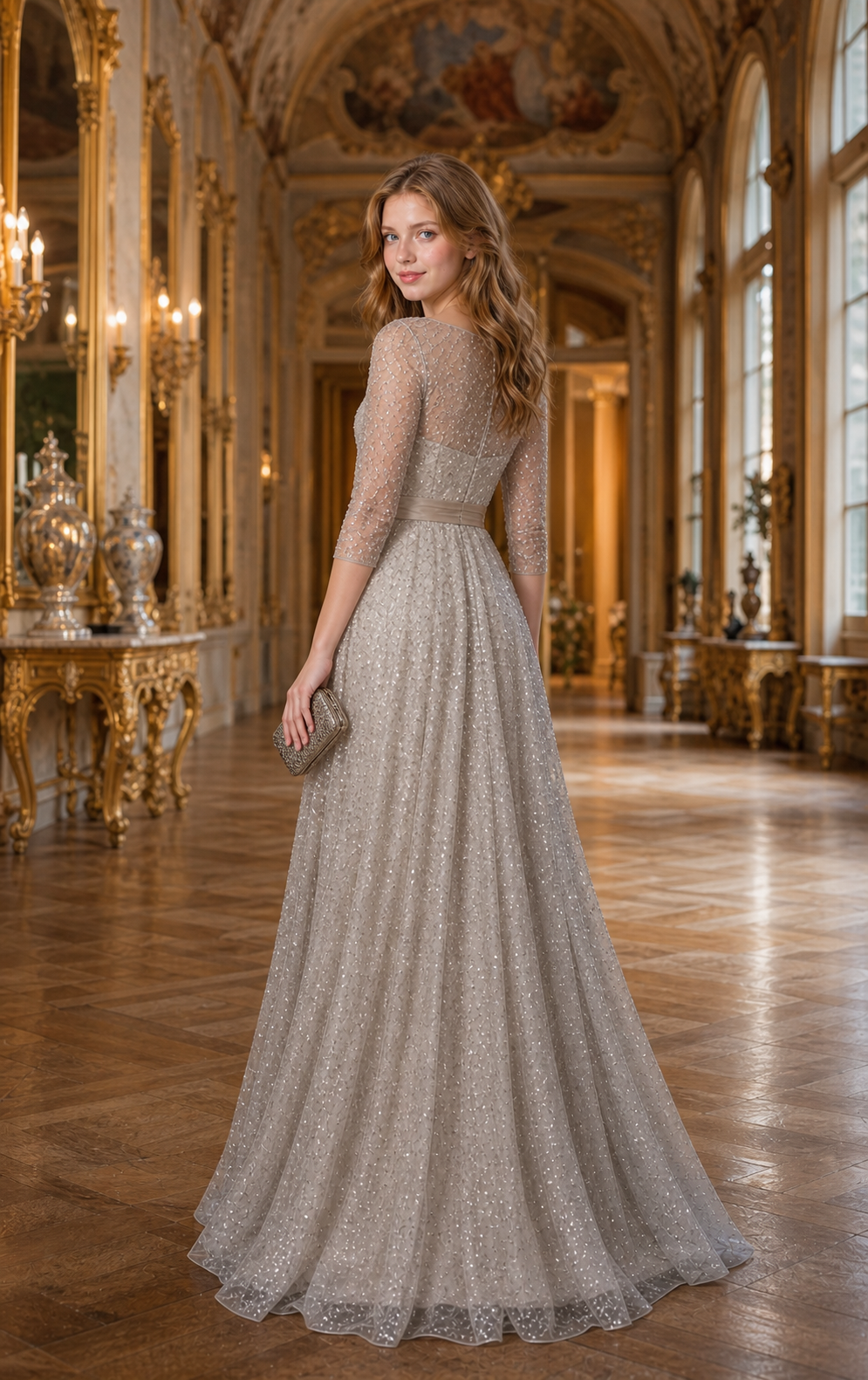 Champagne Silver Sequin-Mesh Illusion-Bateau Fit-and-Flare Gown