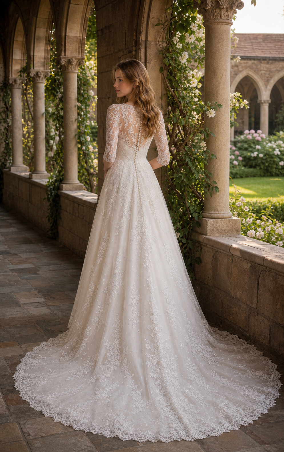 Ivory Nude Chantilly-Lace Illusion-Neck A-Line Wedding Gown with Three-Quarter Sleeves