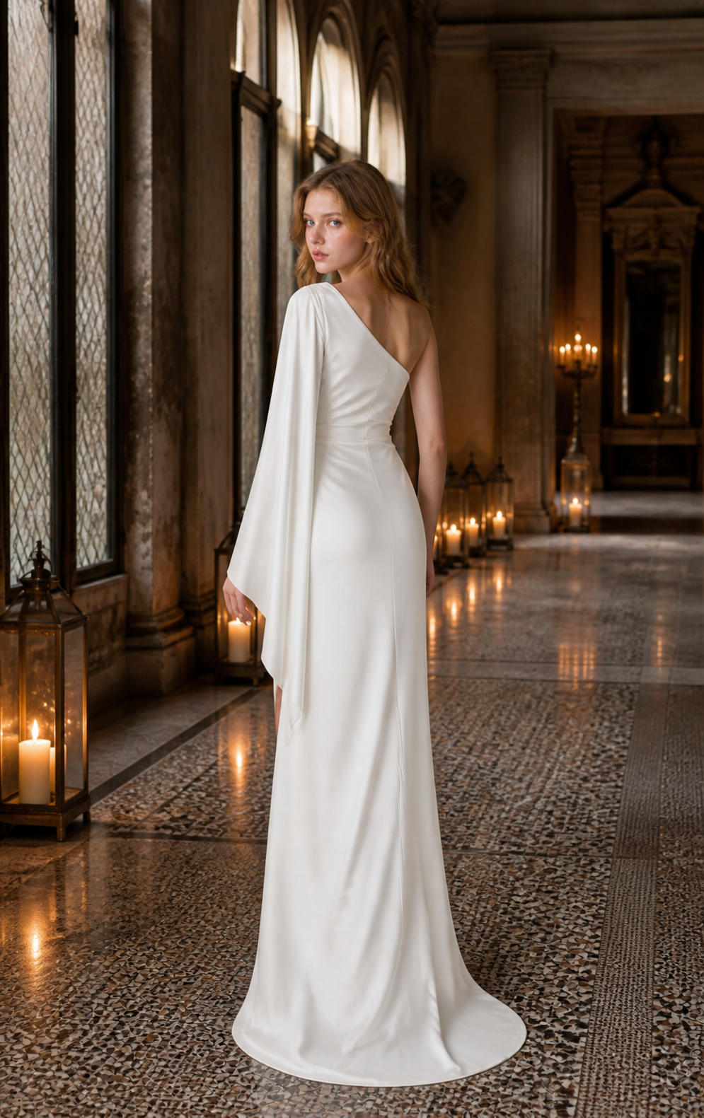 Pearl White Satin-Crepe One-Shoulder Column Wedding Dress with Draped Sleeve
