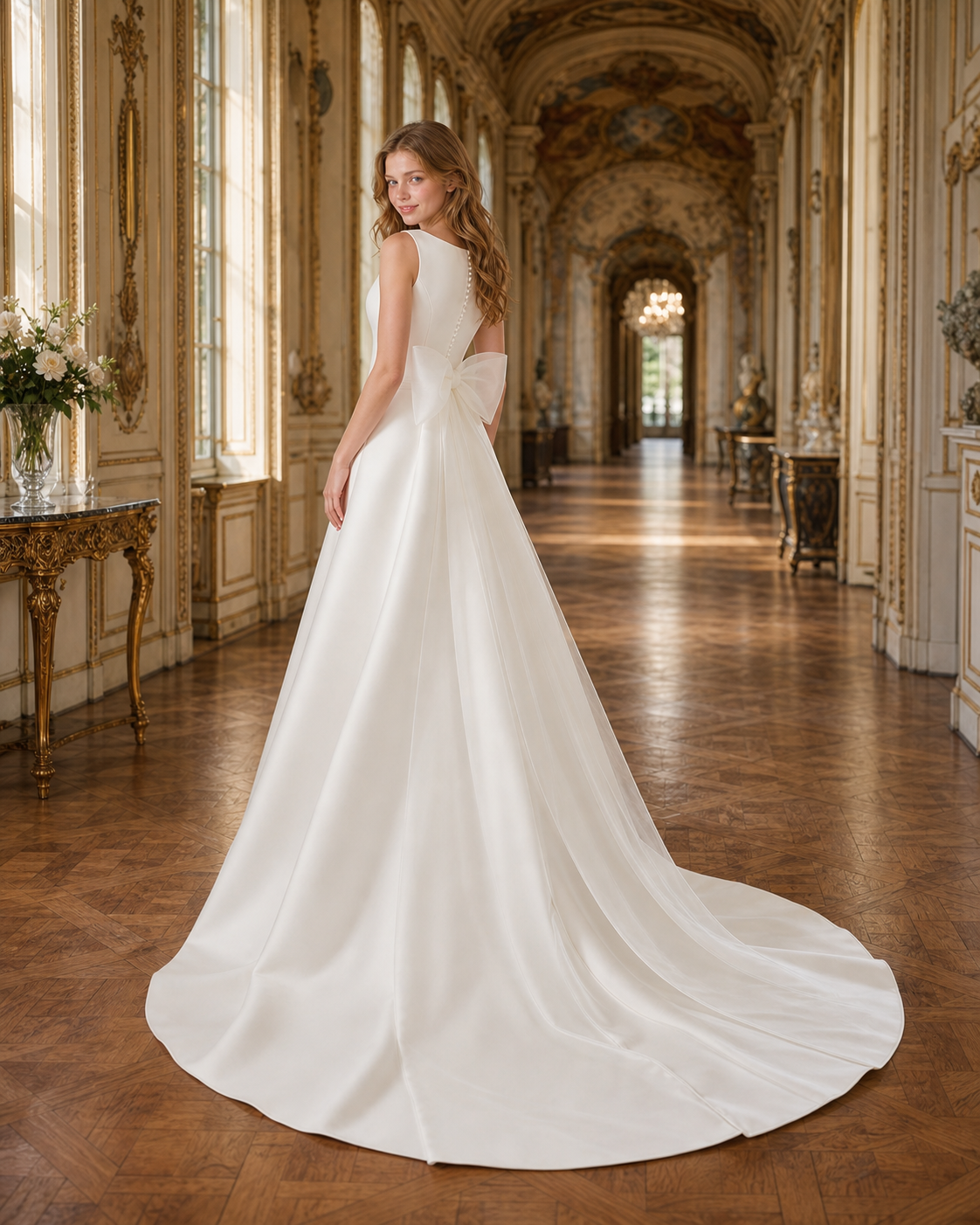 Ivory Crepe Bateau-Neck A-Line Wedding Gown with Chapel Train and Sheer Bow