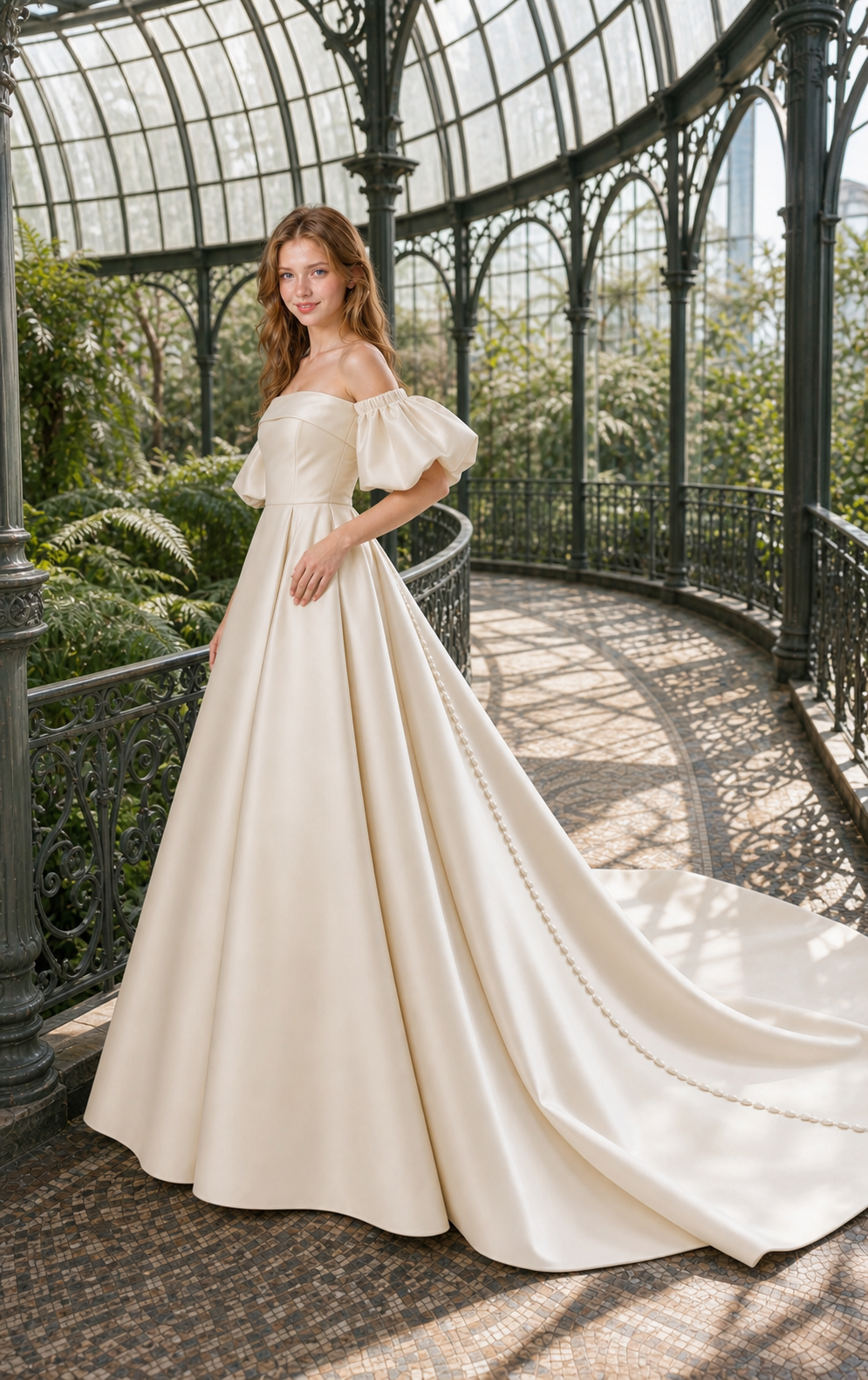 Soft Champagne Mikado Off-the-Shoulder Ball Gown with Detachable Puff Sleeves