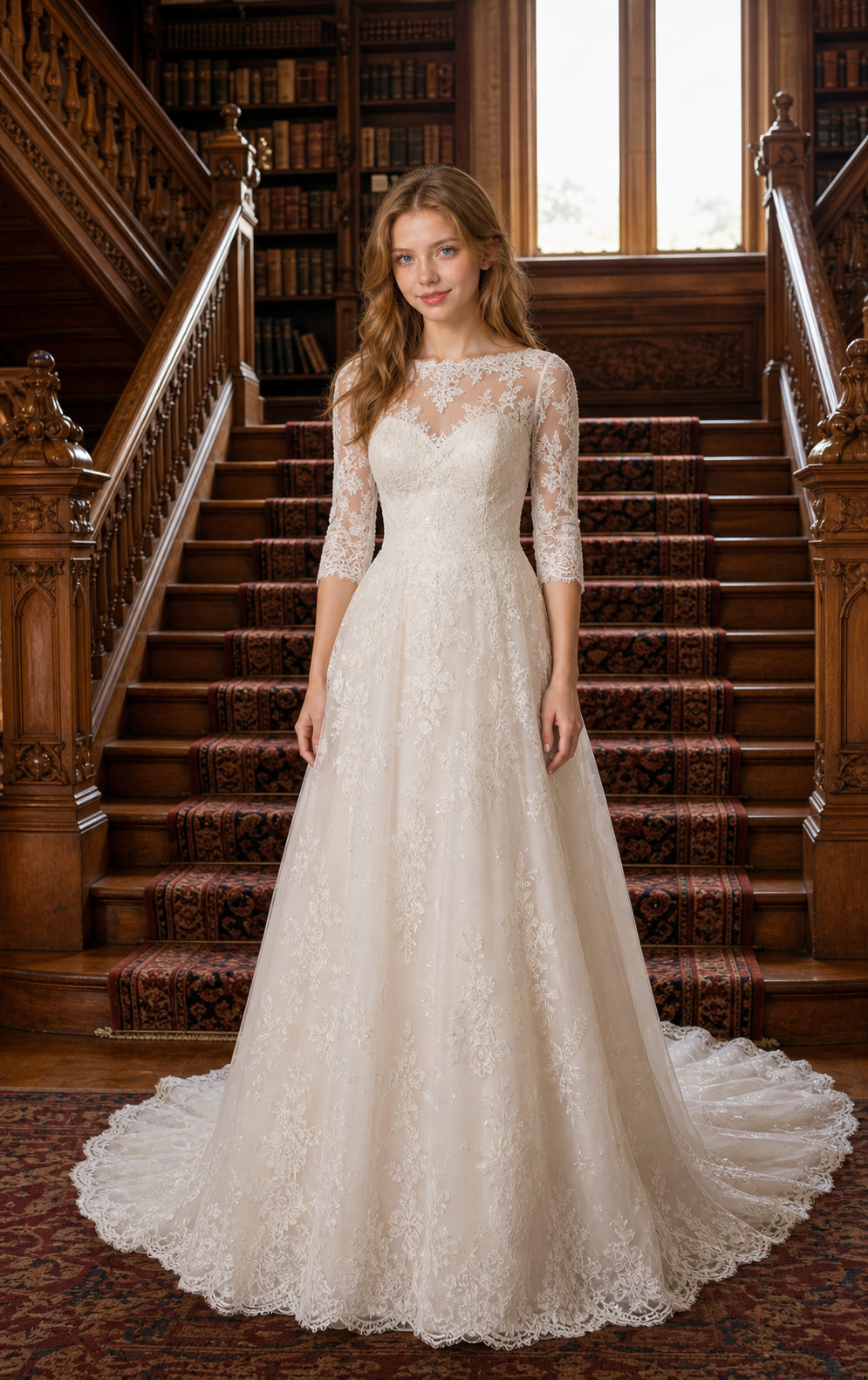 Ivory Nude Chantilly-Lace Illusion-Neck A-Line Wedding Gown with Three-Quarter Sleeves