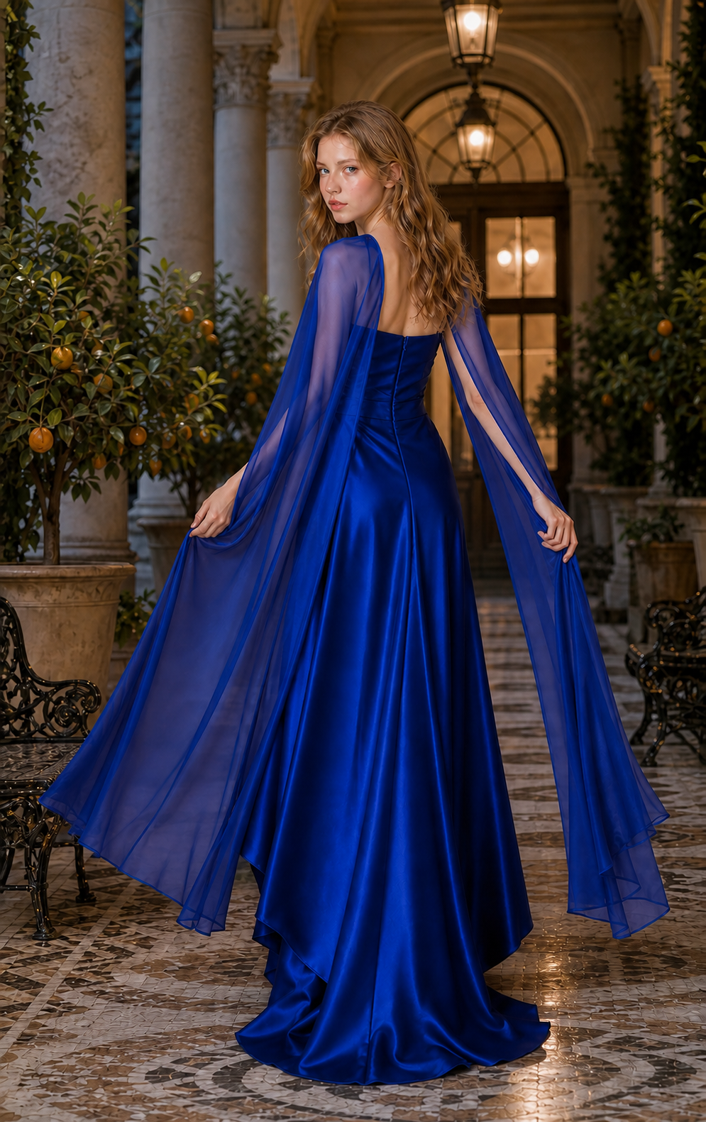 Sapphire Satin-Crepe Sweetheart High-Low Gown with Detachable Sheer Cape Sleeves