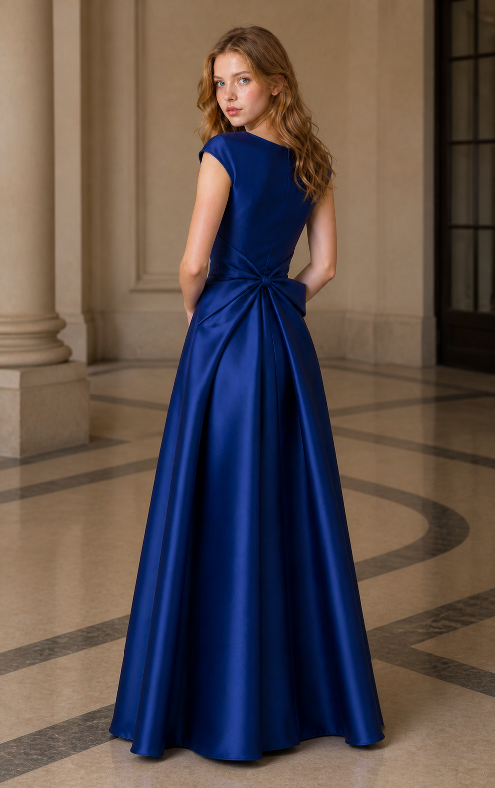 Cobalt Blue Mikado Bateau-Neck A-Line Gown with Sculpted Waist Bow