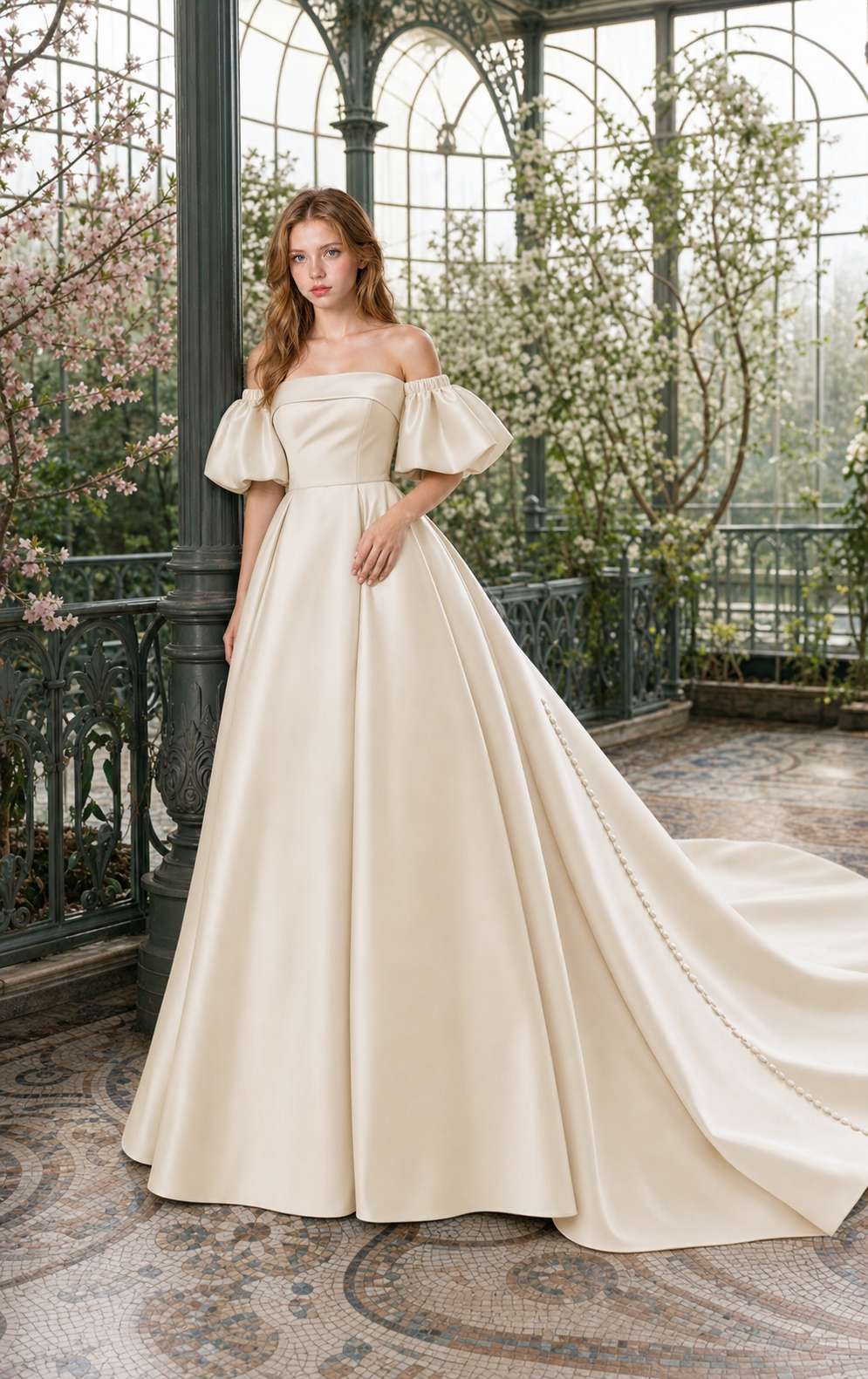 Soft Champagne Mikado Off-the-Shoulder Ball Gown with Detachable Puff Sleeves