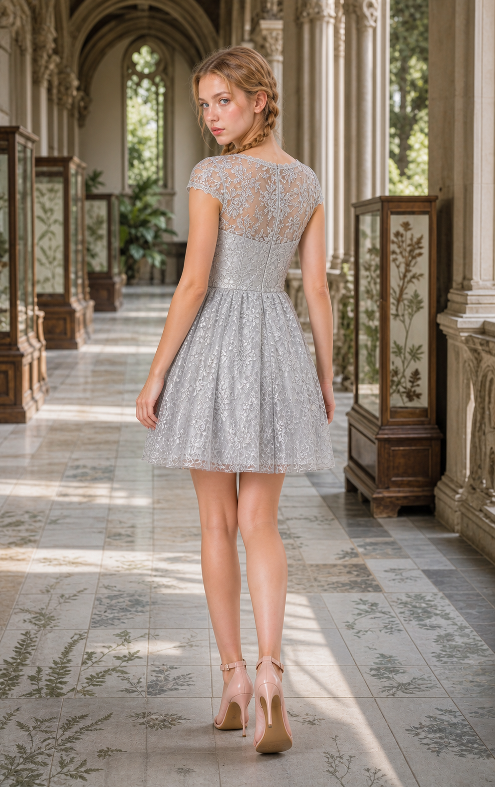 Silver Mist Metallic-Lace Illusion-Neck Fit-and-Flare Homecoming Dress