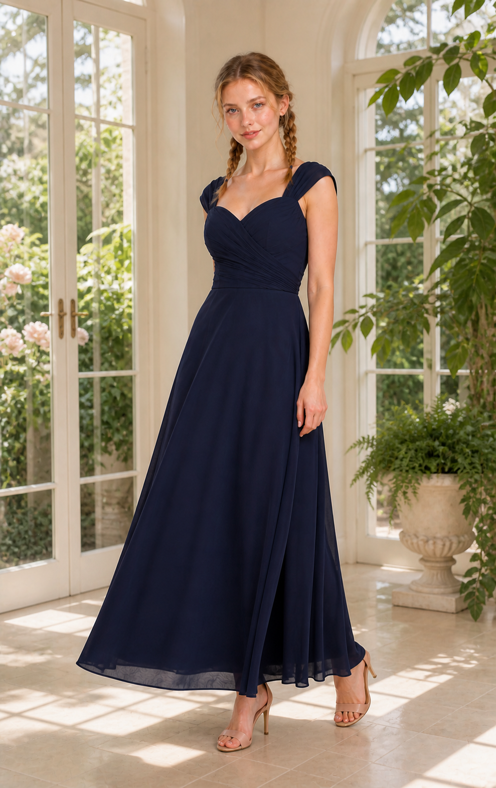 Midnight Navy Stretch-Crepe Sweetheart Fit-and-Flare Ball Gown with Crystal Waist