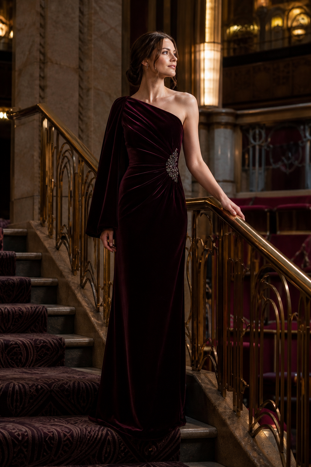 Woman wearing a burgundy velvet evening gown