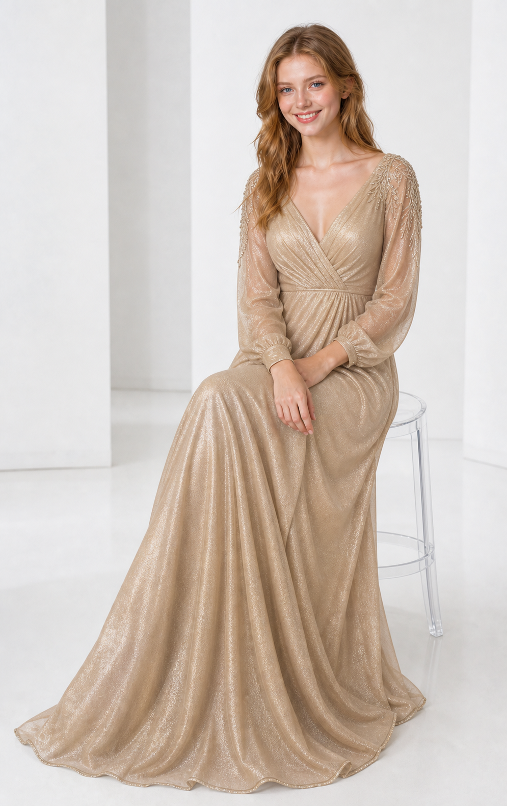 Champagne Gold Chiffon V-Neck Empire-Waist Gown with Beaded Sleeves