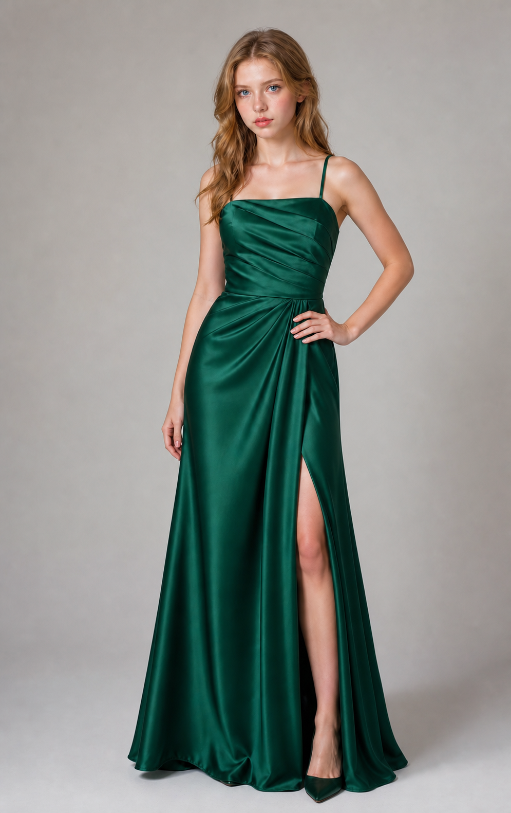 Emerald Green Satin Square-Neck A-Line Prom Gown with Pleated Waist and Side Slit