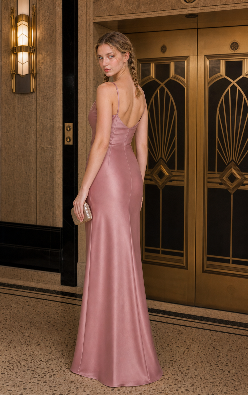 Mauve Rose Stretch-Satin Cowl-Neck Bias Slip Bridesmaid Dress with Low Back