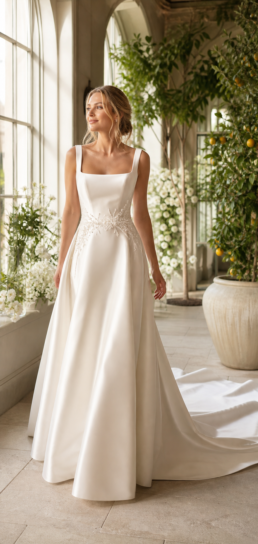 Bride wearing a clean satin wedding gown