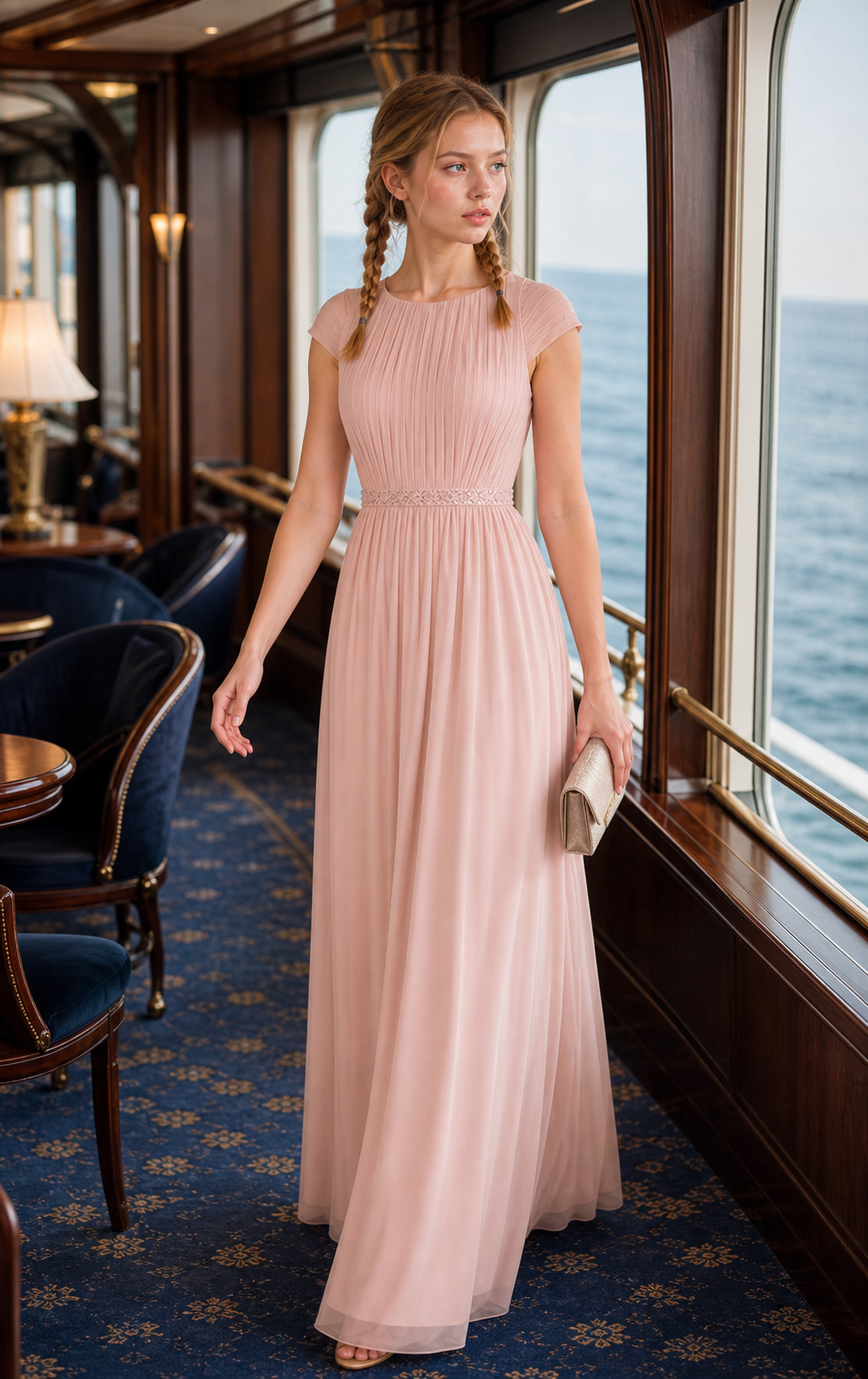 Champagne Blush Georgette Pleated A-Line Bridesmaid Gown with Beaded Waist