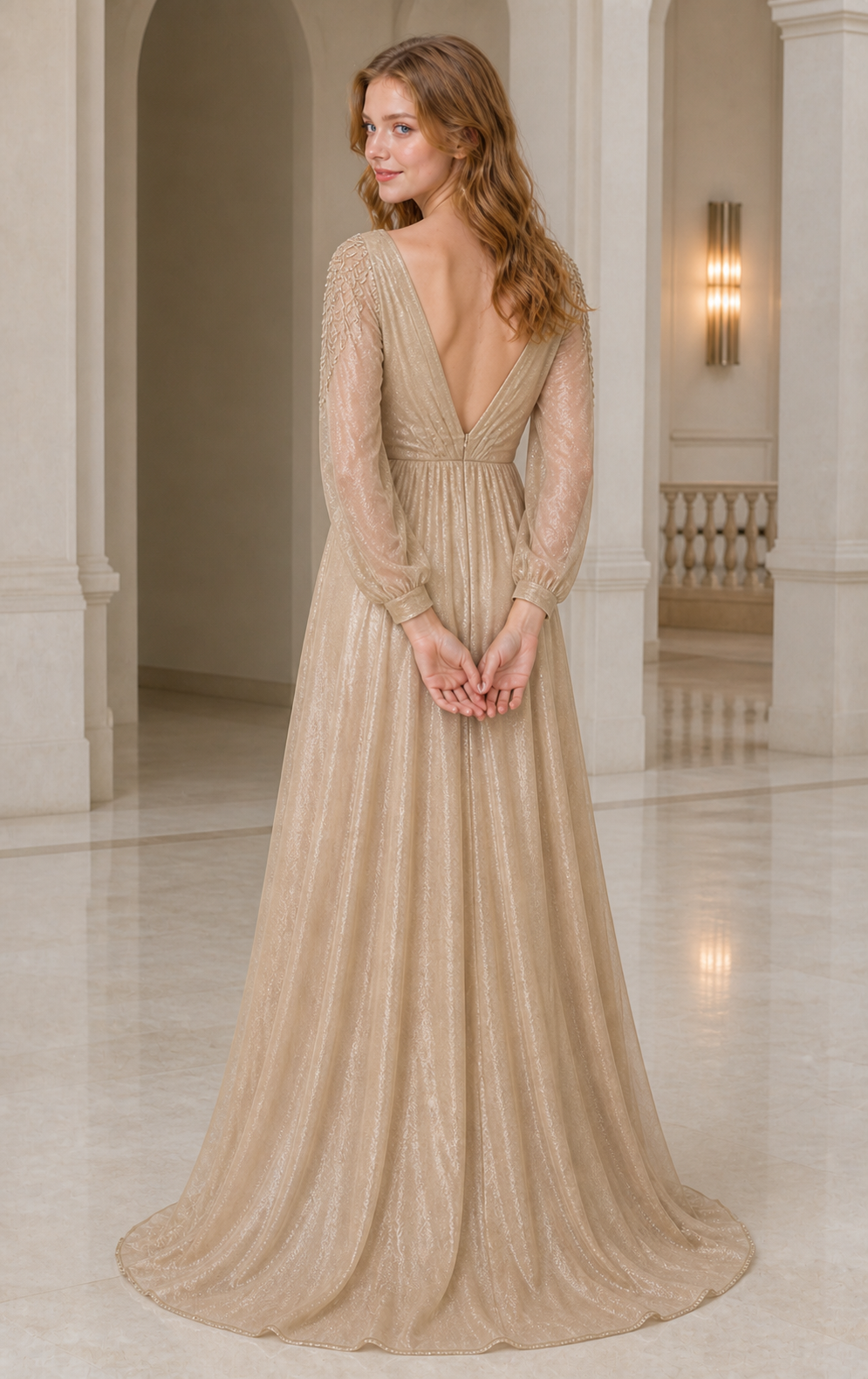 Champagne Gold Chiffon V-Neck Empire-Waist Gown with Beaded Sleeves