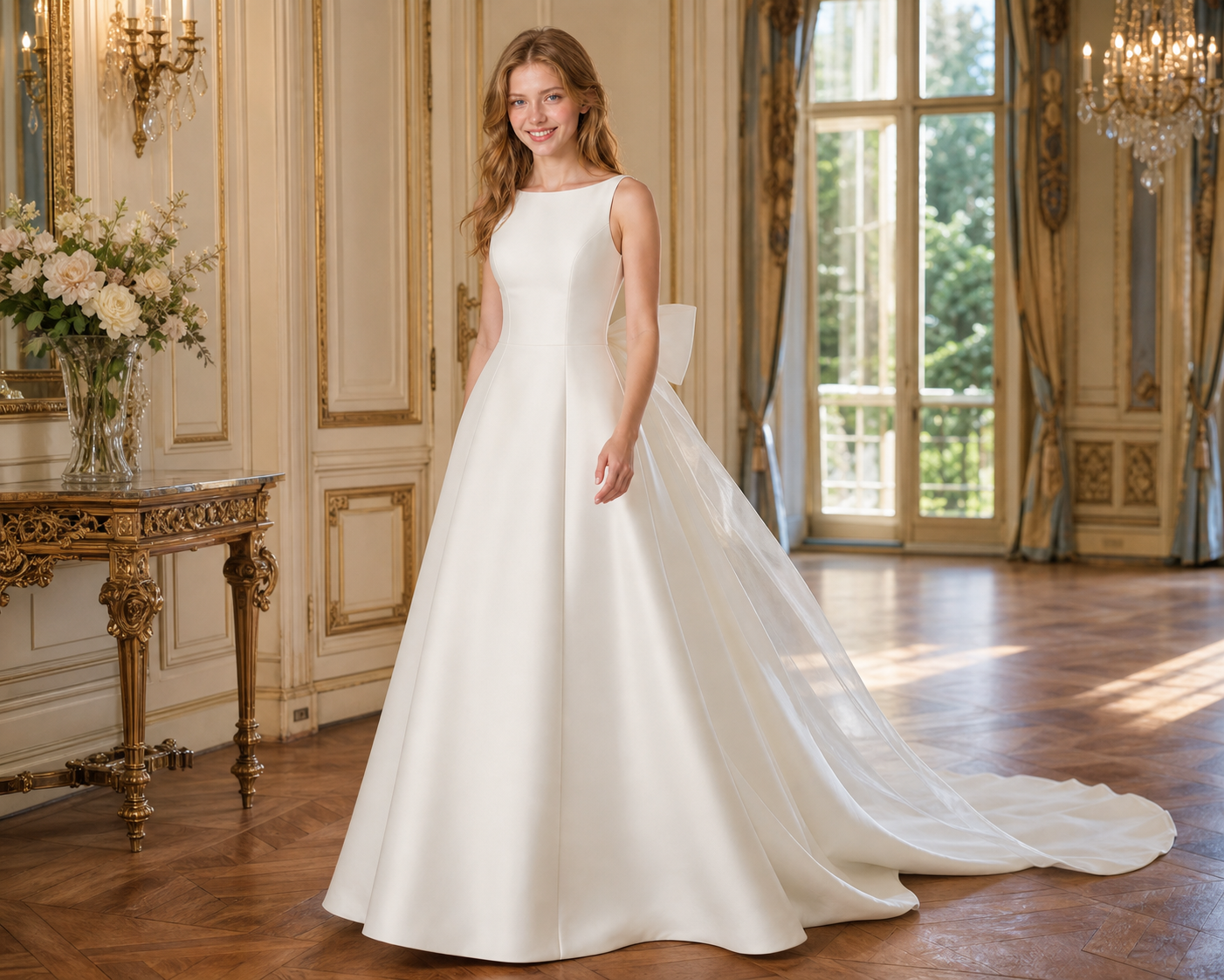 Ivory Crepe Bateau-Neck A-Line Wedding Gown with Chapel Train and Sheer Bow