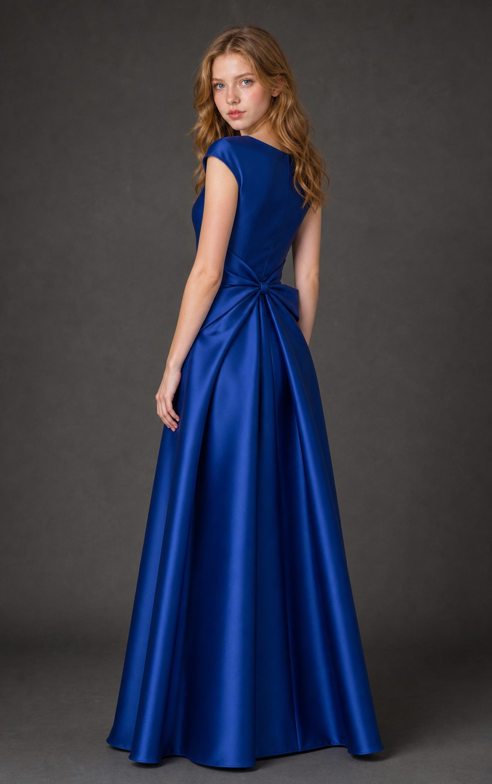 Cobalt Blue Mikado Bateau-Neck A-Line Gown with Sculpted Waist Bow