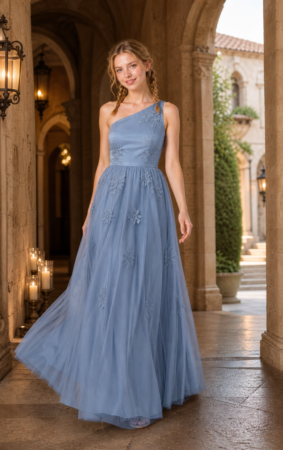 Dusty Blue Chiffon Halter Empire Bridesmaid Dress with Keyhole Back