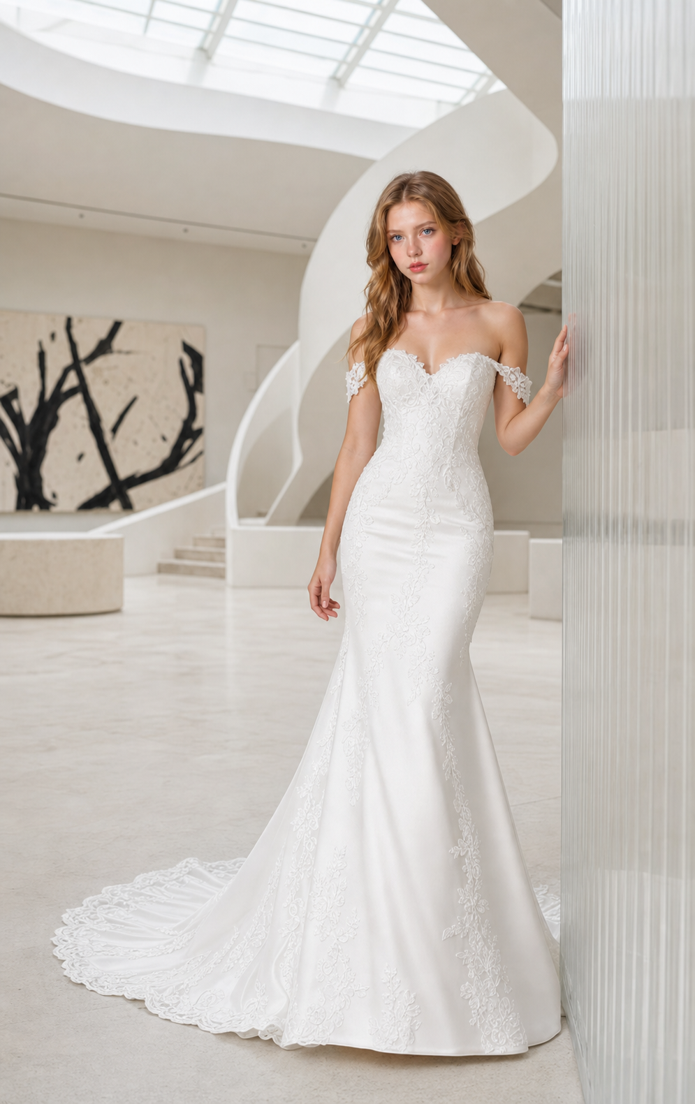 Pure White Satin Mermaid Wedding Gown with Sweetheart Neckline and Lace Appliques