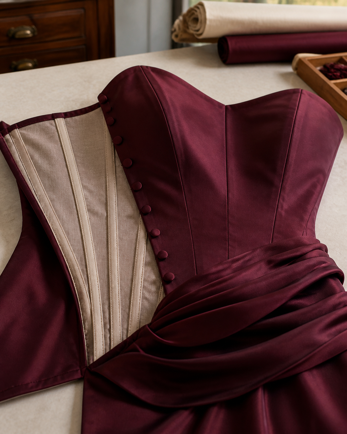 Close-up of structured satin bodice construction