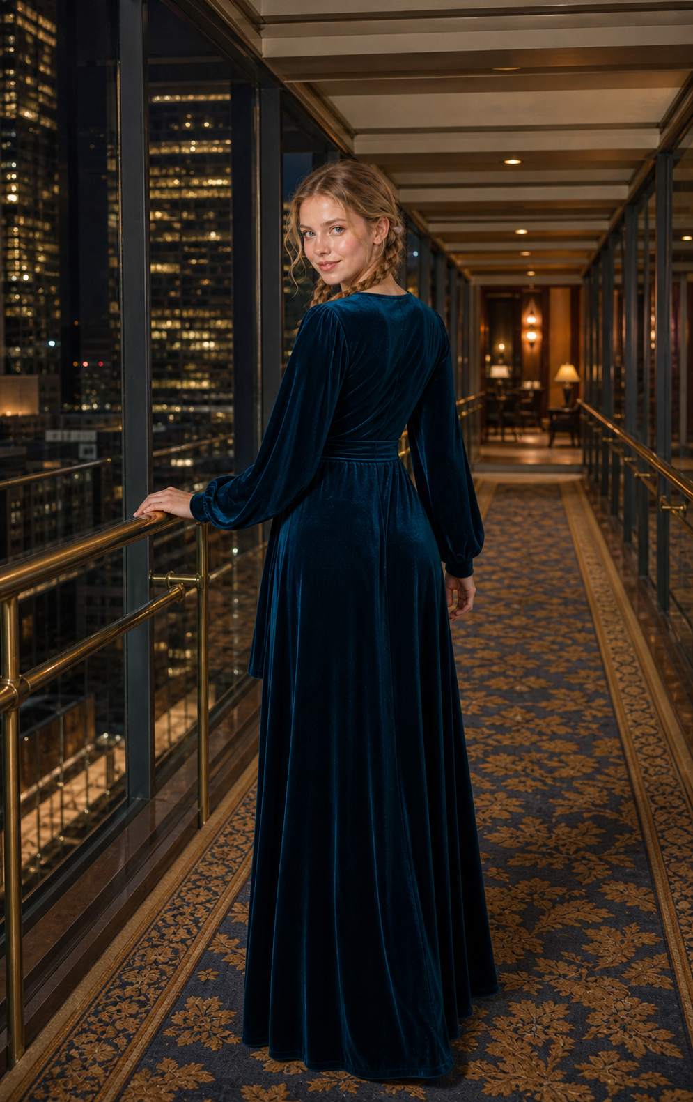 Deep Teal Velvet Surplice Wrap Maxi Bridesmaid Dress with Bishop Sleeves