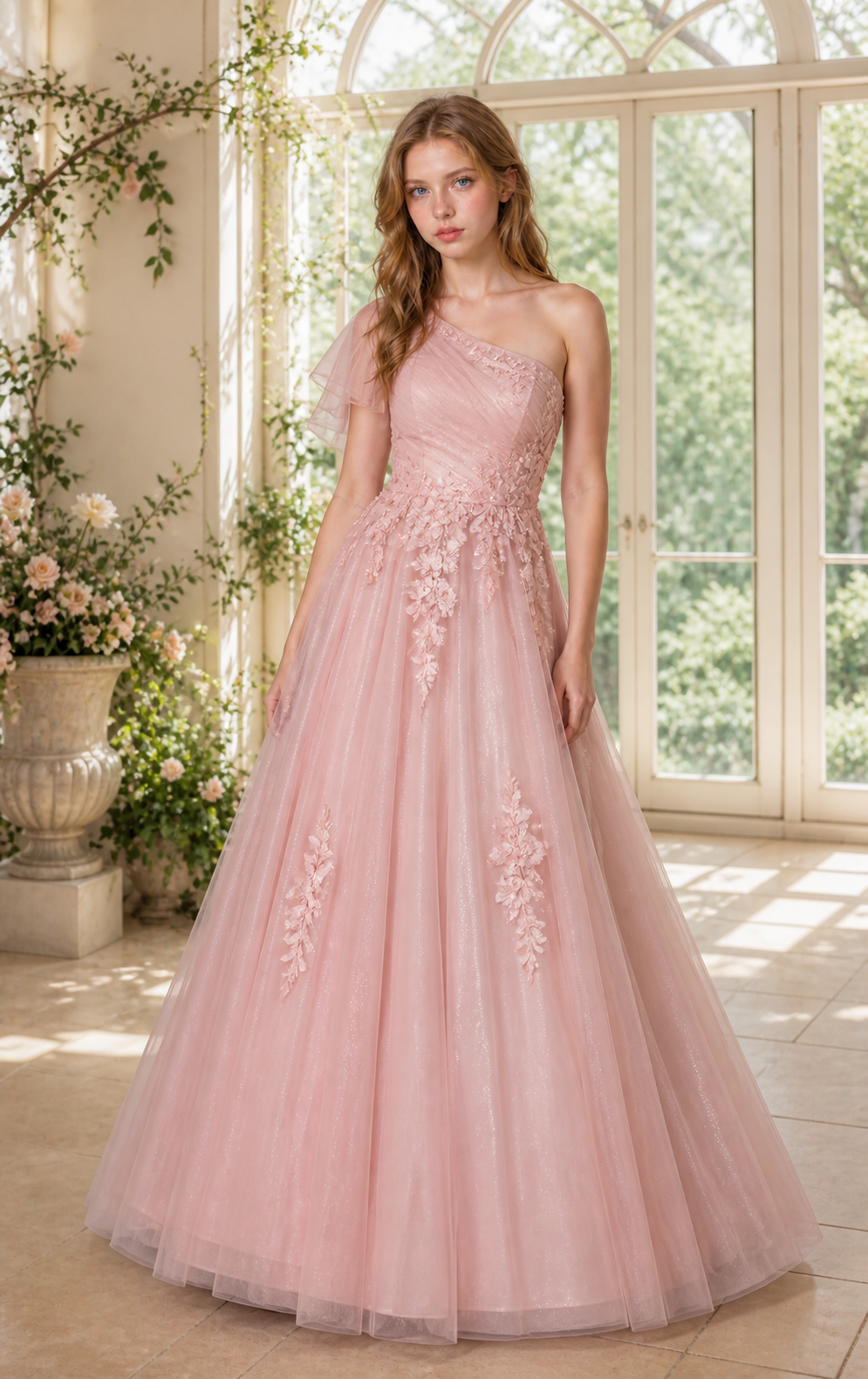 Rose Quartz Tulle One-Shoulder Princess Ball Gown with Floral Appliques