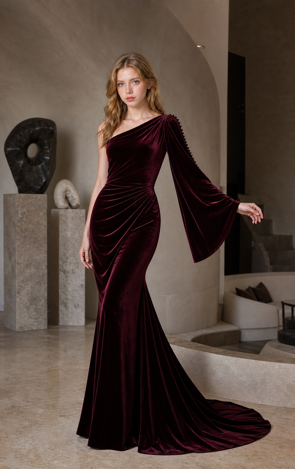 Black Cherry Silk-Velvet One-Shoulder Mermaid Gown with Draped Long Sleeve