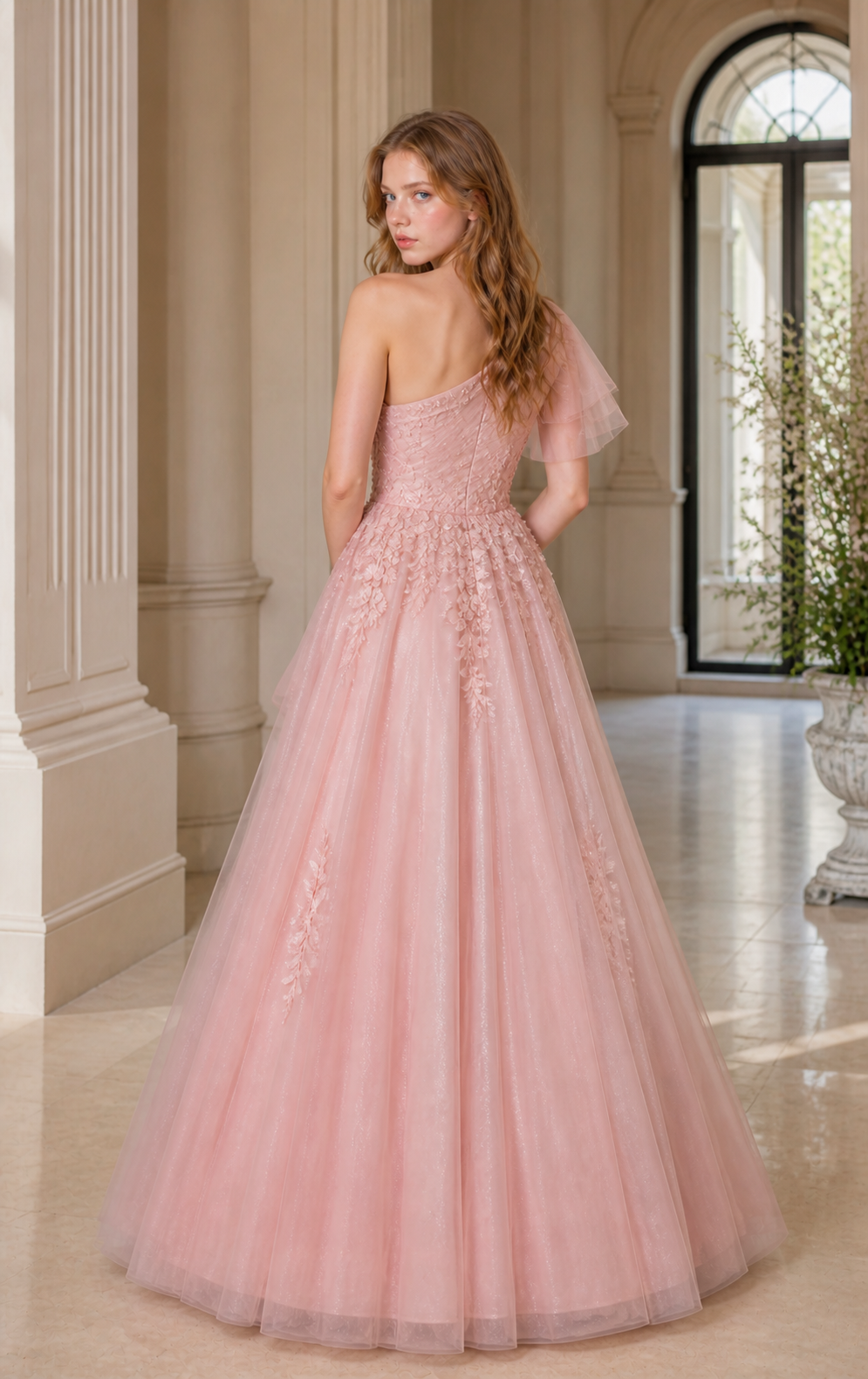 Rose Quartz Tulle One-Shoulder Princess Ball Gown with Floral Appliques