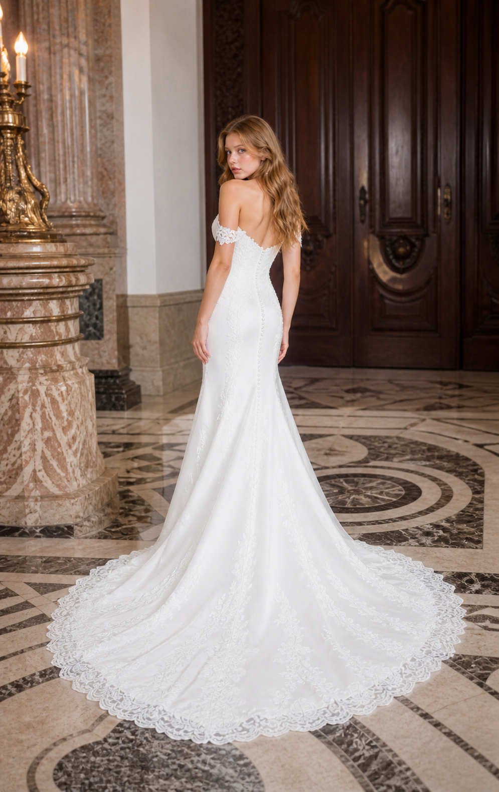 Pure White Satin Mermaid Wedding Gown with Sweetheart Neckline and Lace Appliques