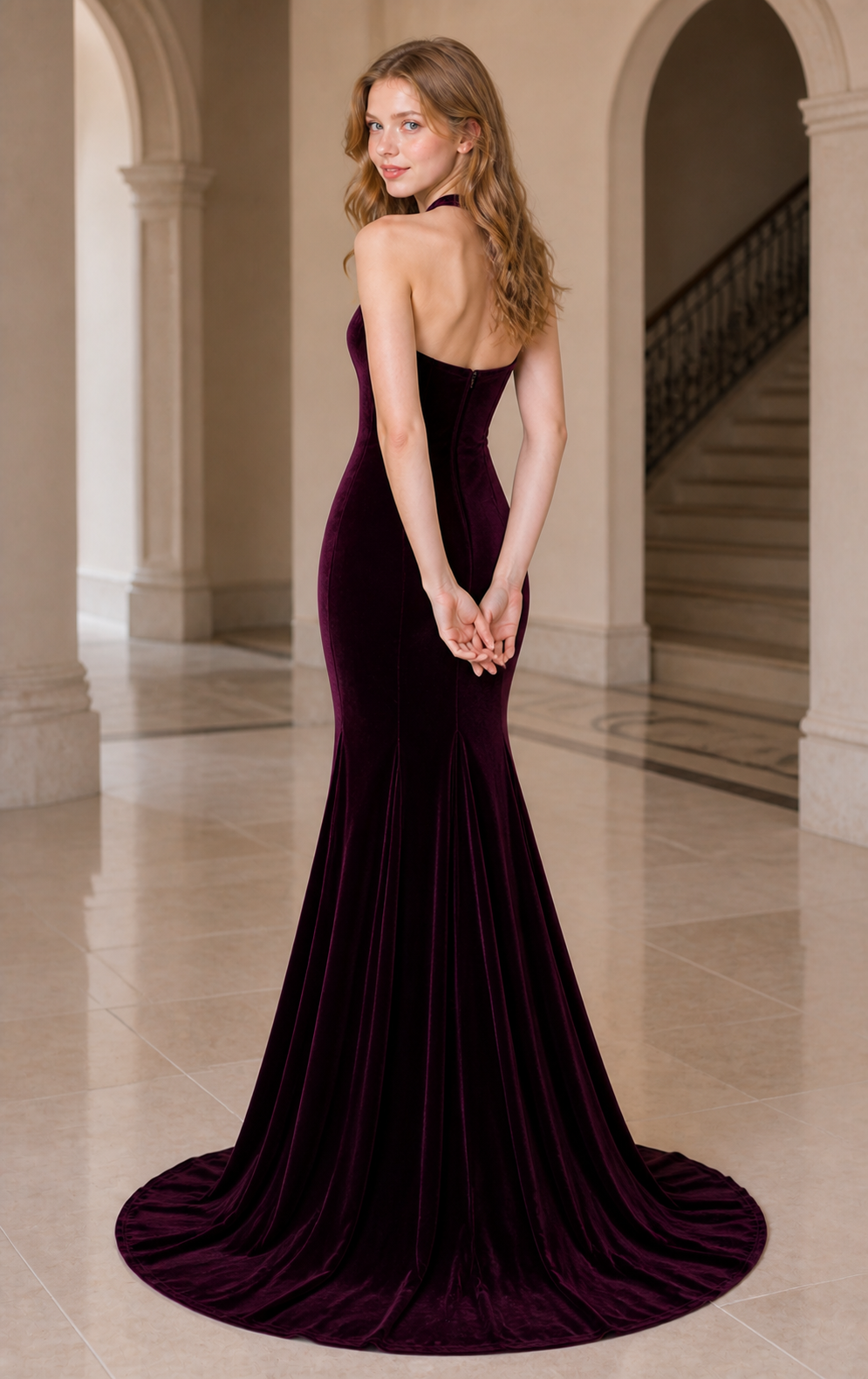 Plum Velvet Illusion-Halter Mermaid Gown with Open Back and Sweep Train