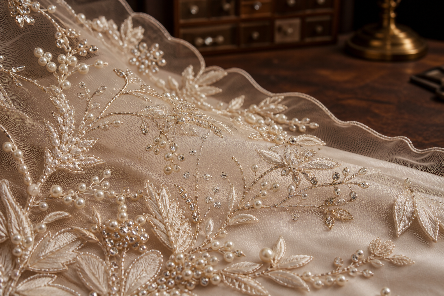 Close-up of pearl and crystal embroidery on bridal fabric