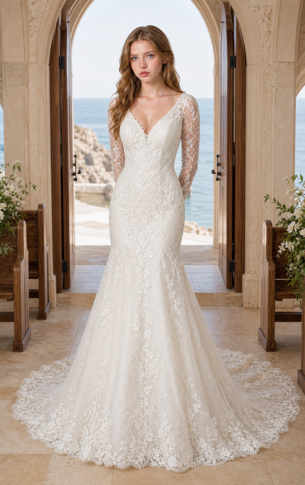 Warm White Lace and Tulle V-Neck Fit-and-Flare Bridal Gown with Pearl Sleeves