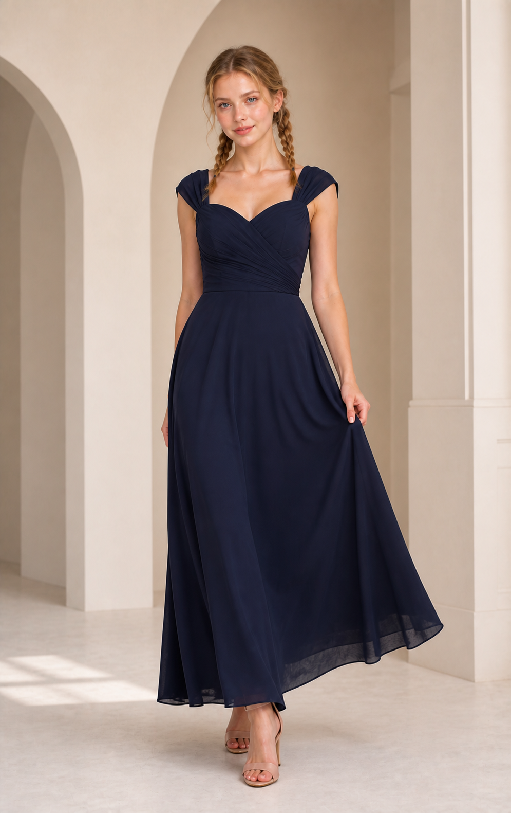 Midnight Navy Stretch-Crepe Sweetheart Fit-and-Flare Ball Gown with Crystal Waist