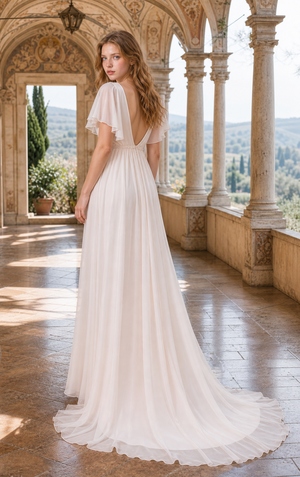 Blush Ivory Silk-Chiffon Cowl-Neck Empire Wedding Dress with Flutter Sleeves