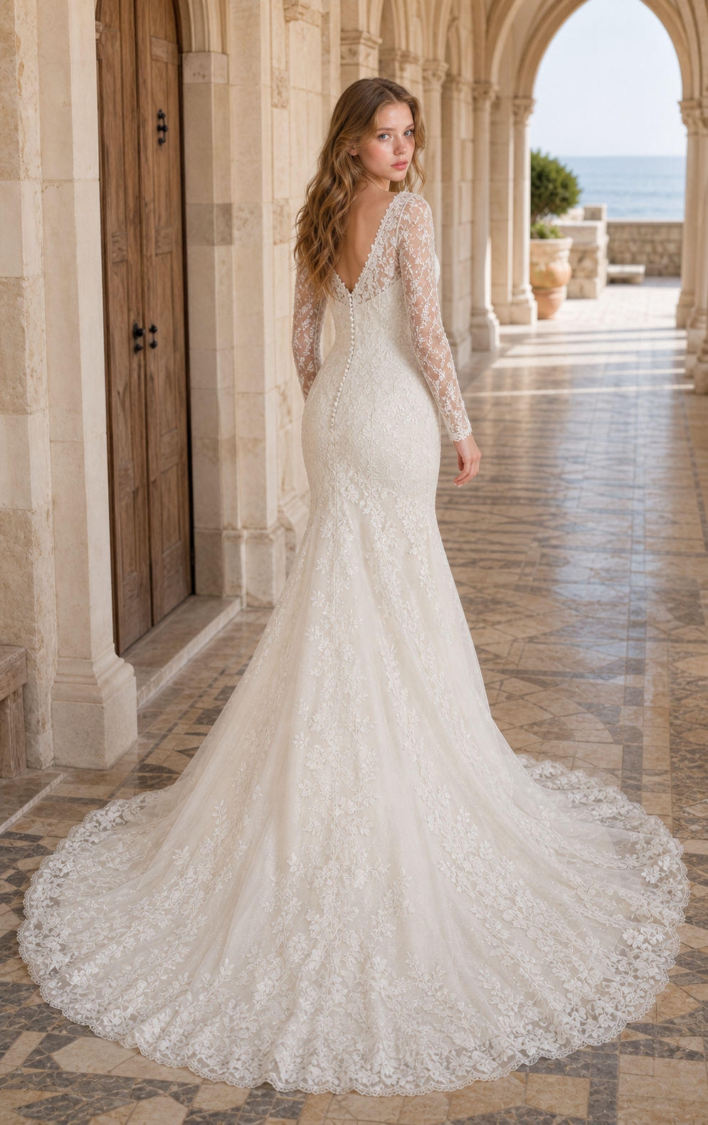 Warm White Lace and Tulle V-Neck Fit-and-Flare Bridal Gown with Pearl Sleeves
